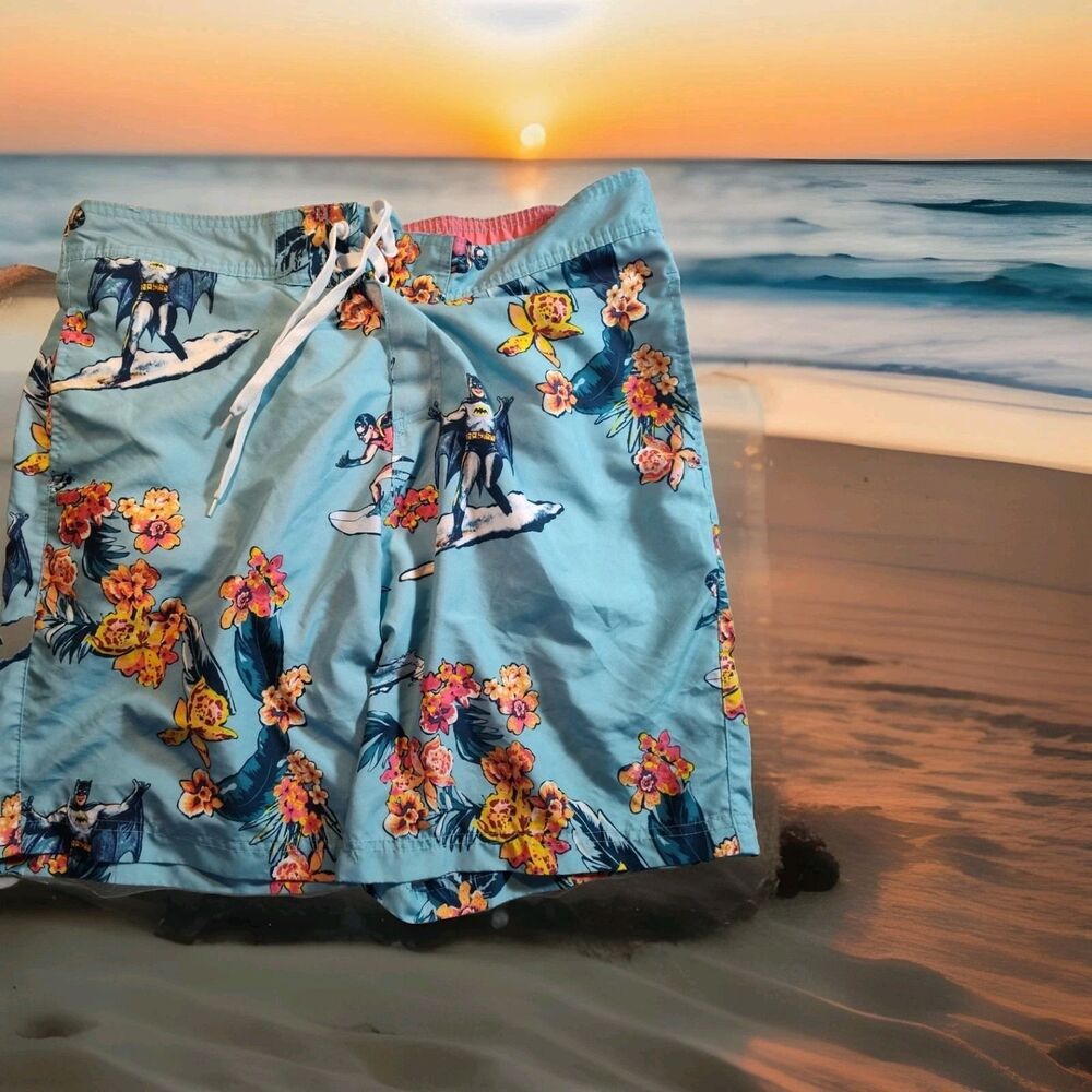 Hawaiian Surfing Batman Board Shorts Mens Large DC Comics Swim Trunks Suit 1454